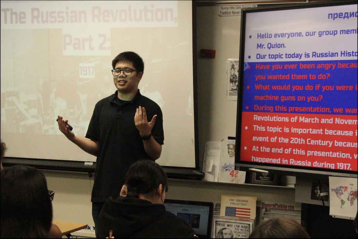 Student+teacher+CJ+Quion+begins+his+presentation+on+the+Russian+Revolution+on+Monday%2C+Feb.+5%2C+2024%2C+during+Period+4+in+Room+55.+